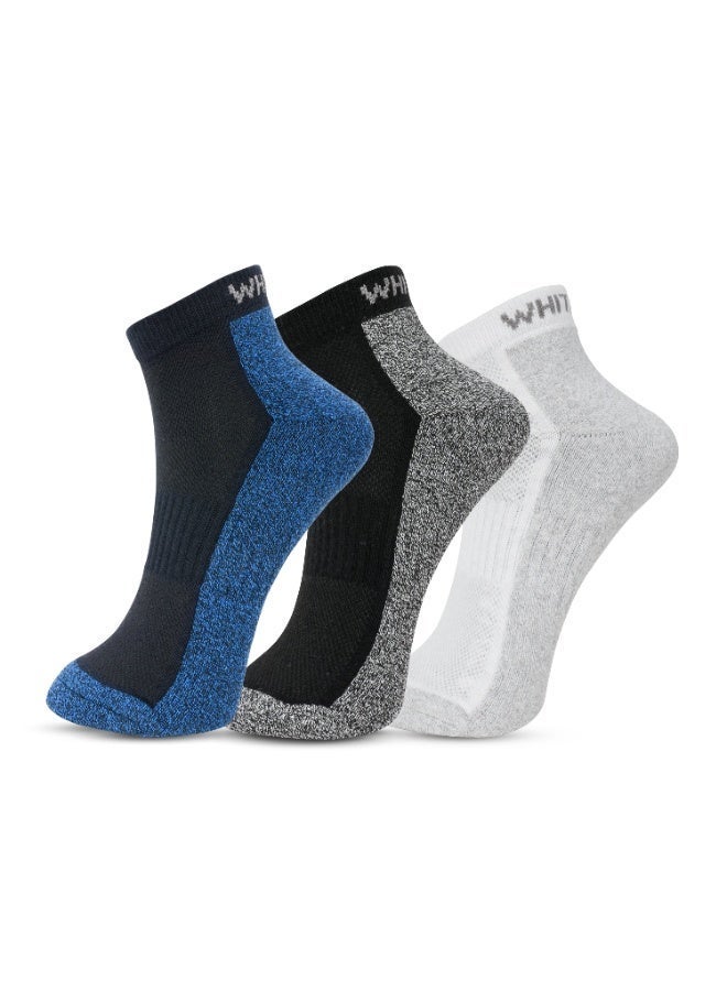 White Leaf 3 Pack Terry Low Cut Socks - Blue, Black and White - Image 1